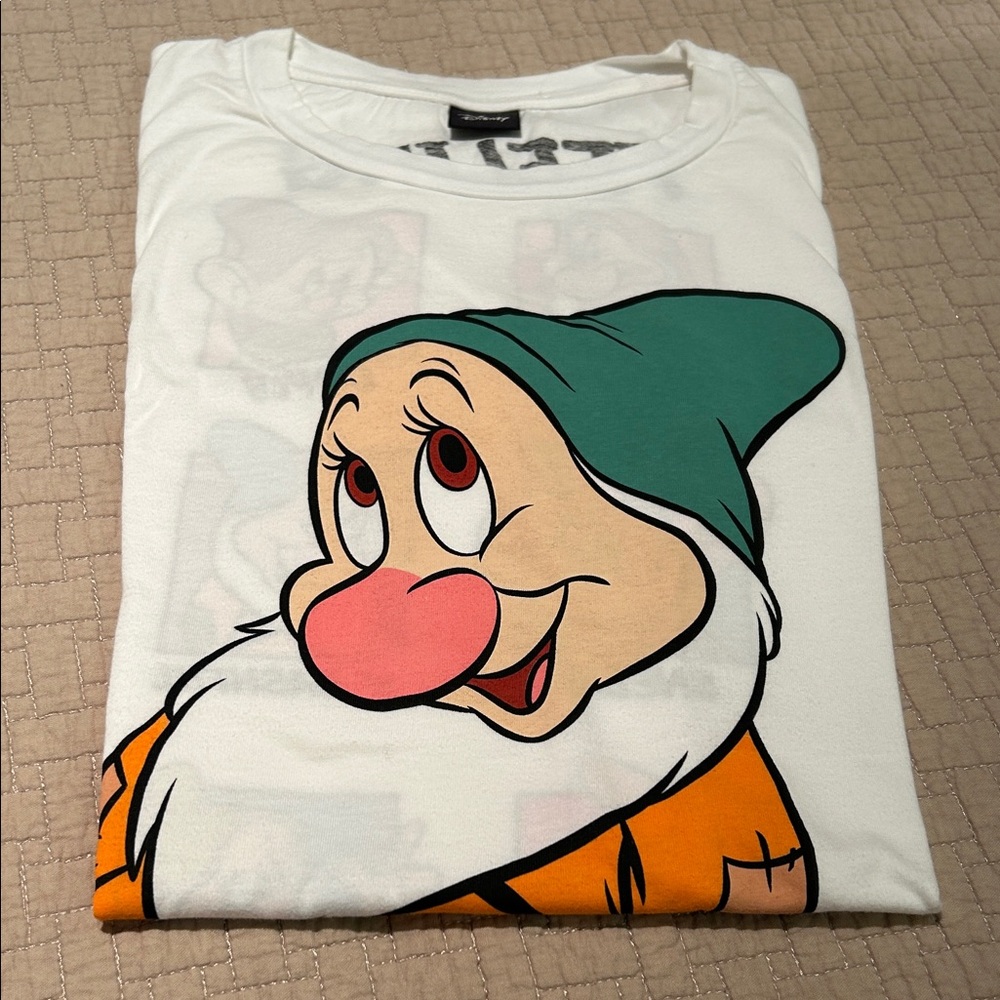 White Graphic Tee with Cartoon Dwarf Print